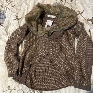 Anthropologie Charlie & RobinFaux Fur Collar Brown Knit Sweater Cardigan